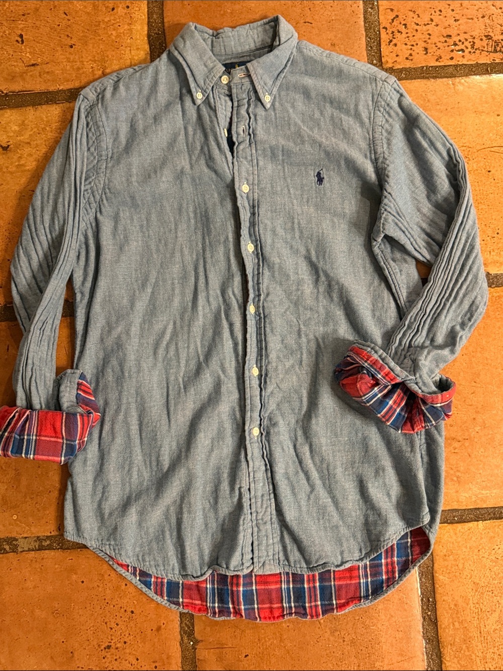 Polo by Ralph Lauren Light Blue Denim Button-Down with Red Plaid Trim